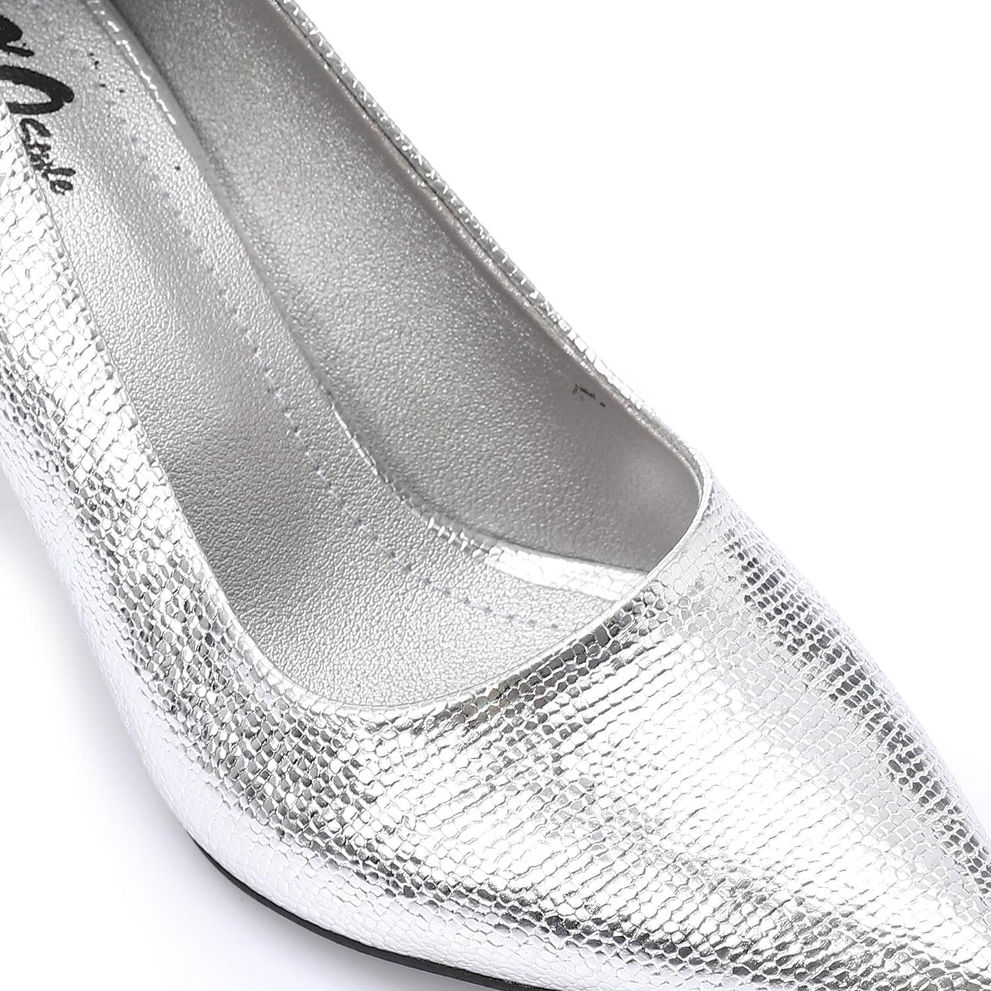 Faux Leather Textured Pointed-Toe Kitten Heels - Silver