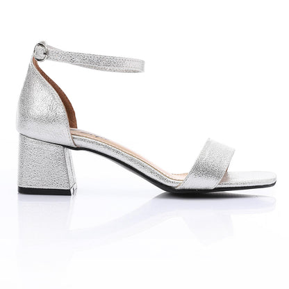 Leather Low Heeled Ankle Strap Sandals - Silver