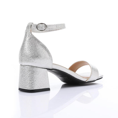 Leather Low Heeled Ankle Strap Sandals - Silver