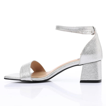 Leather Low Heeled Ankle Strap Sandals - Silver