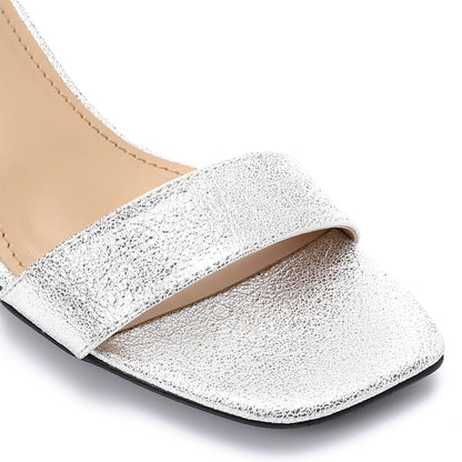 Leather Low Heeled Ankle Strap Sandals - Silver