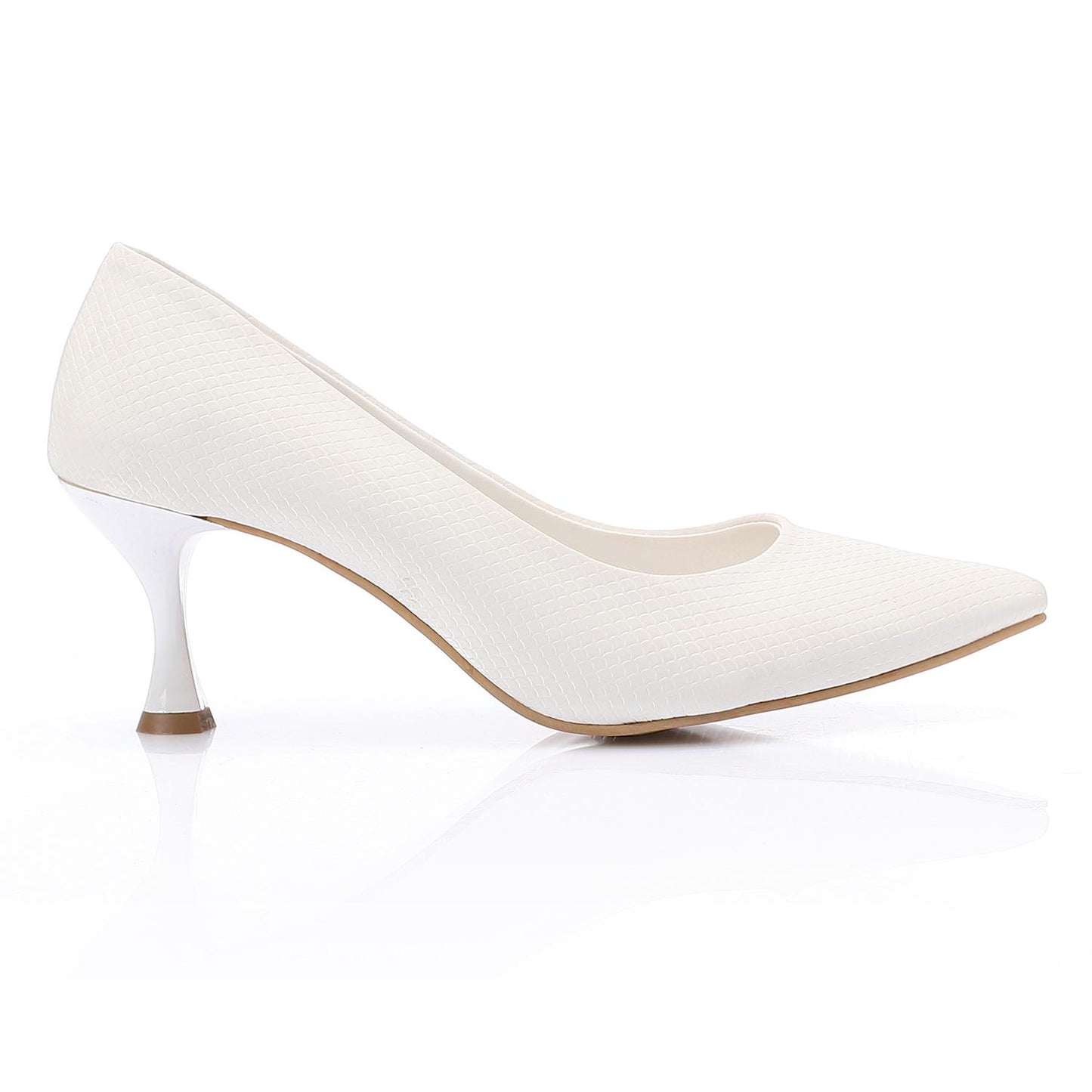 Leather Textured Pointed-Toe Kitten Heels - White