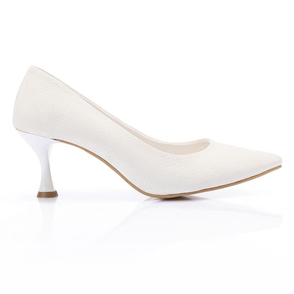 Leather Textured Pointed-Toe Kitten Heels - White
