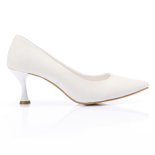 Leather Textured Pointed-Toe Kitten Heels - White