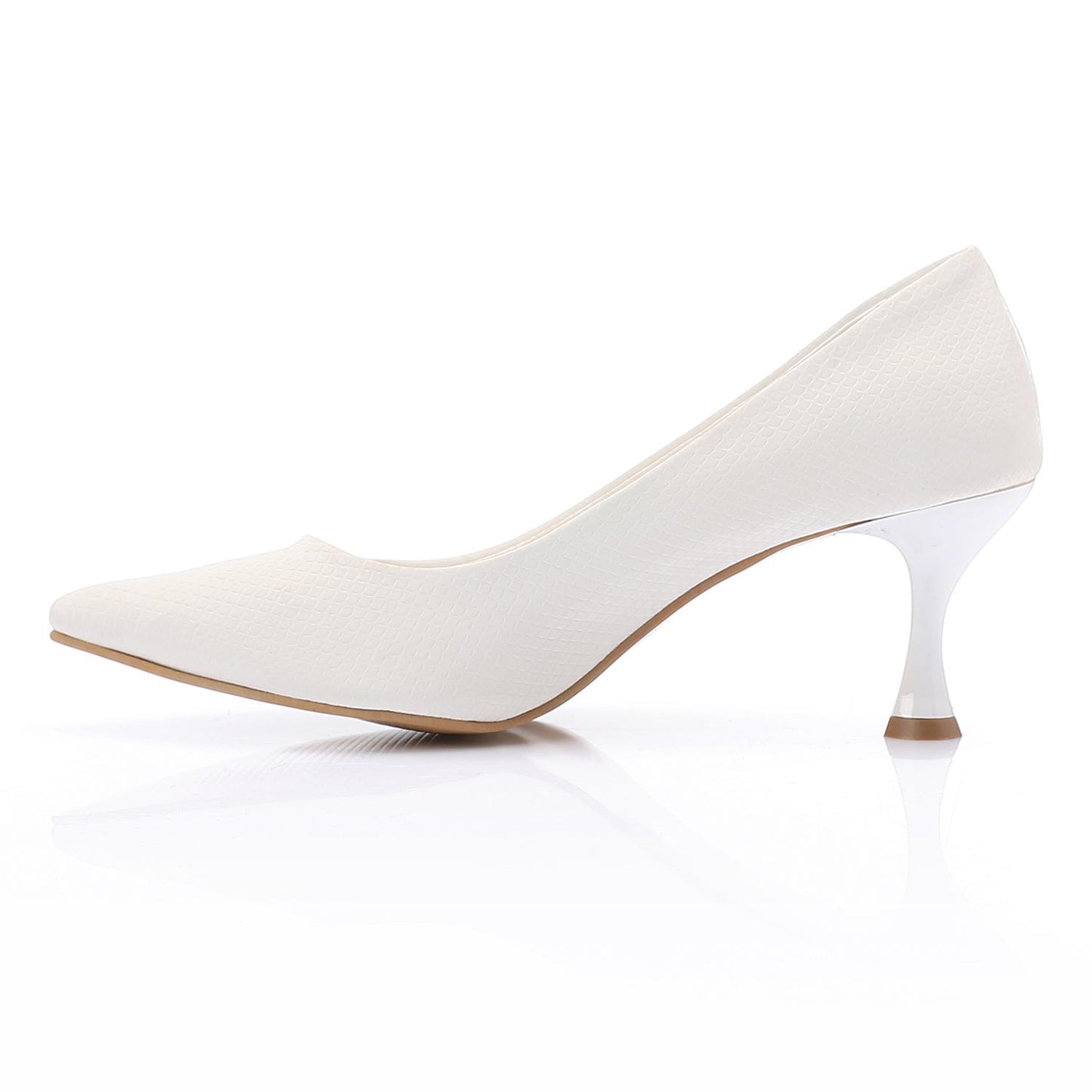 Leather Textured Pointed-Toe Kitten Heels - White