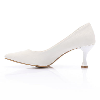 Leather Textured Pointed-Toe Kitten Heels - White