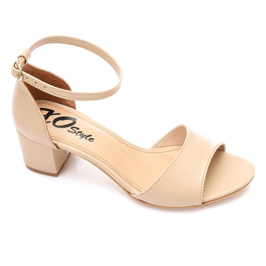 Faux Leather Solid Block Heel Sandals – Beige