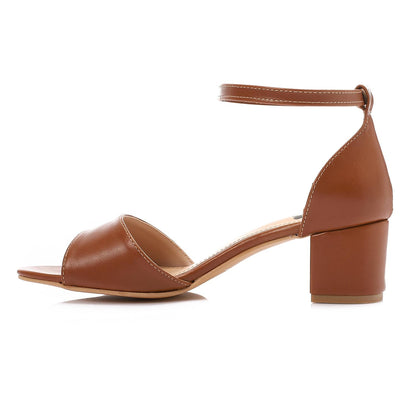 Faux Leather Solid Block Heel Sandals – Camel