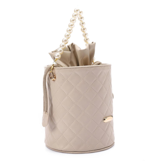 Faux leather Bucket Bag with Pearl Handle - Beige