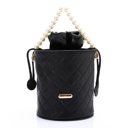 Faux leather Bucket Bag with Pearl Handle - Black