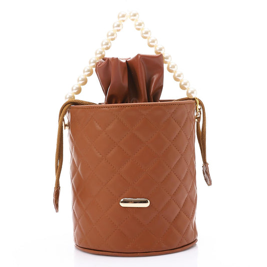 Faux leather Bucket Bag with Pearl Handle - Brown