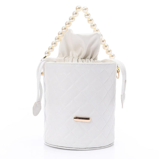 Faux leather Bucket Bag with Pearl Handle - White