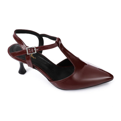 Faux Leather T-Strap Heeled Shoe – Burgundy