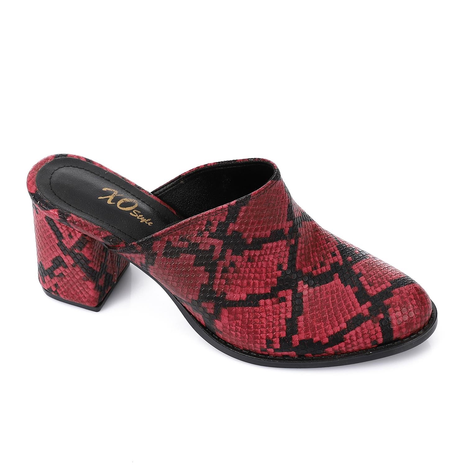 Faux Leather Snakeskin Block Heel Mules – Burgundy