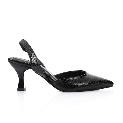 Faux Leather Metallic Slingback Kitten Heel Pumps – Black