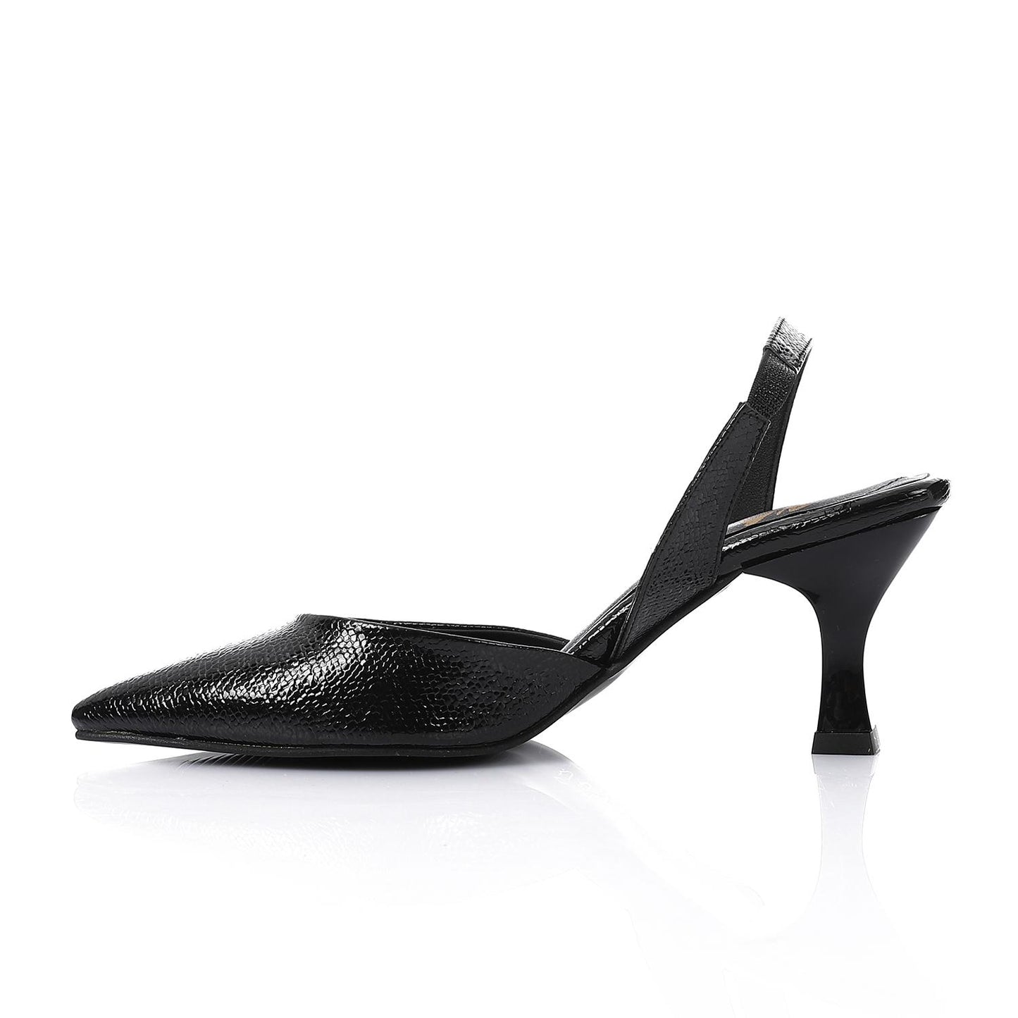 Faux Leather Metallic Slingback Kitten Heel Pumps – Black