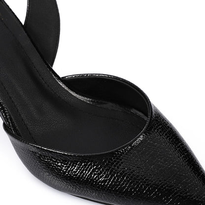 Faux Leather Metallic Slingback Kitten Heel Pumps – Black