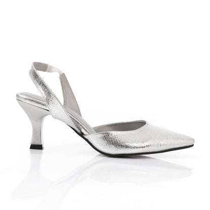 Faux Leather Metallic Slingback Kitten Heel Pumps – Silver