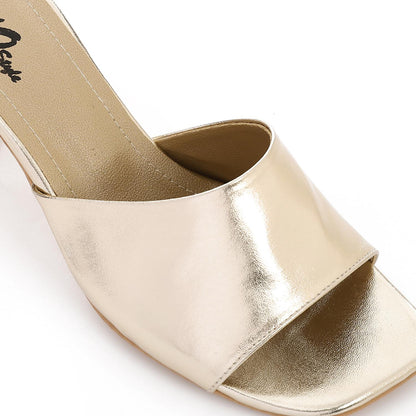 Faux Leather High Heel Mule Sandals - Gold