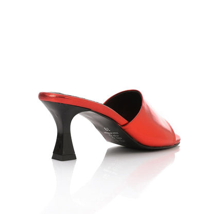 Faux Leather High Heel Mule Sandals - Red
