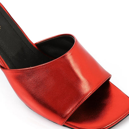 Faux Leather High Heel Mule Sandals - Red
