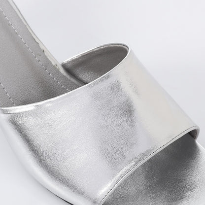 Faux Leather High Heel Mule Sandals - Silver
