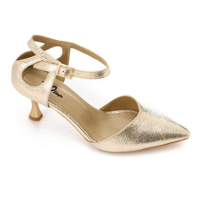 Faux Leather Pointed-Toe Kitten Heel Pump - Gold