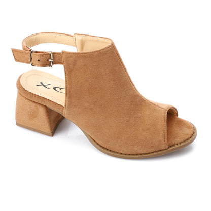 Suede Peep-Toe Block Heel Sandals - Camel