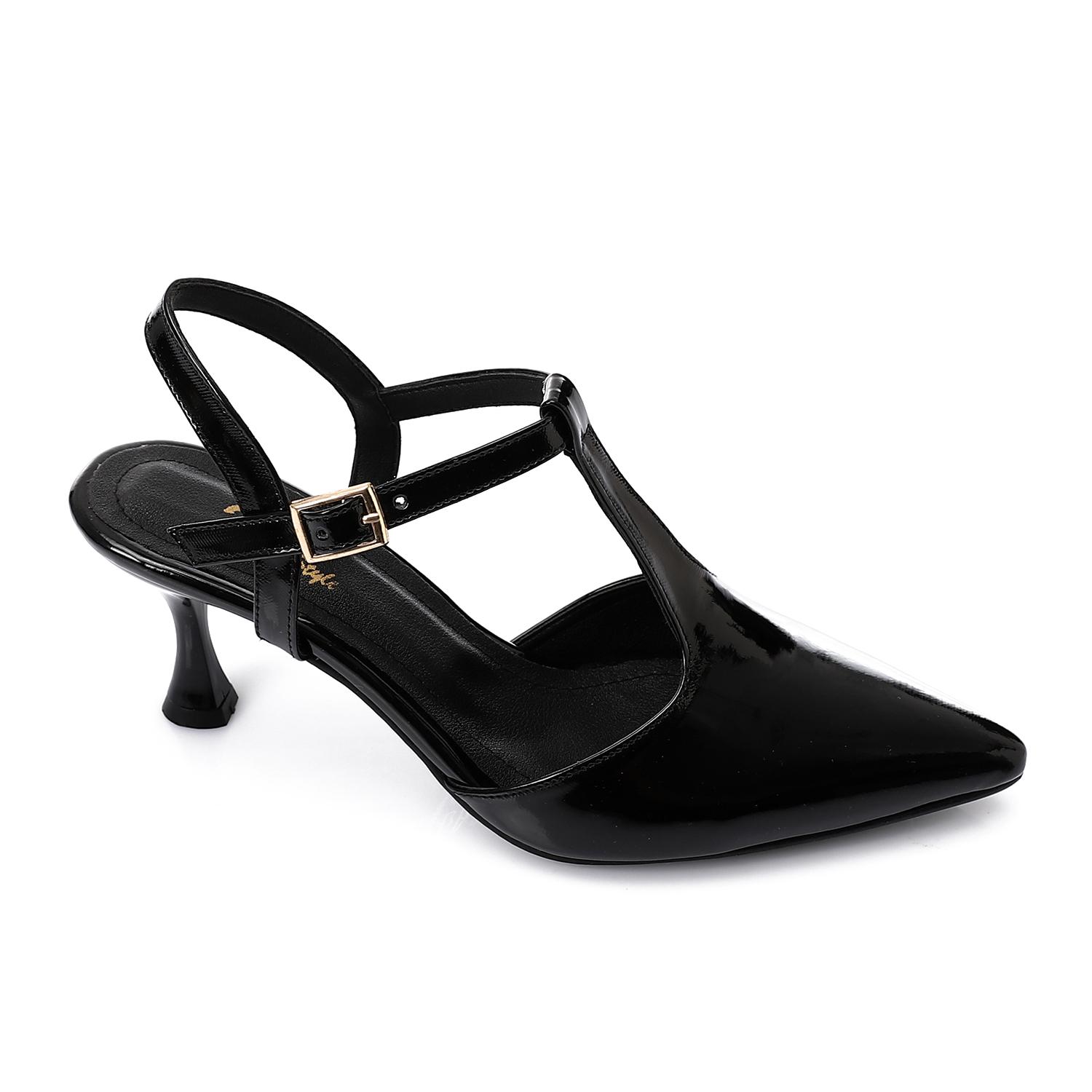 Faux Leather T-Strap Heeled Shoe – Black