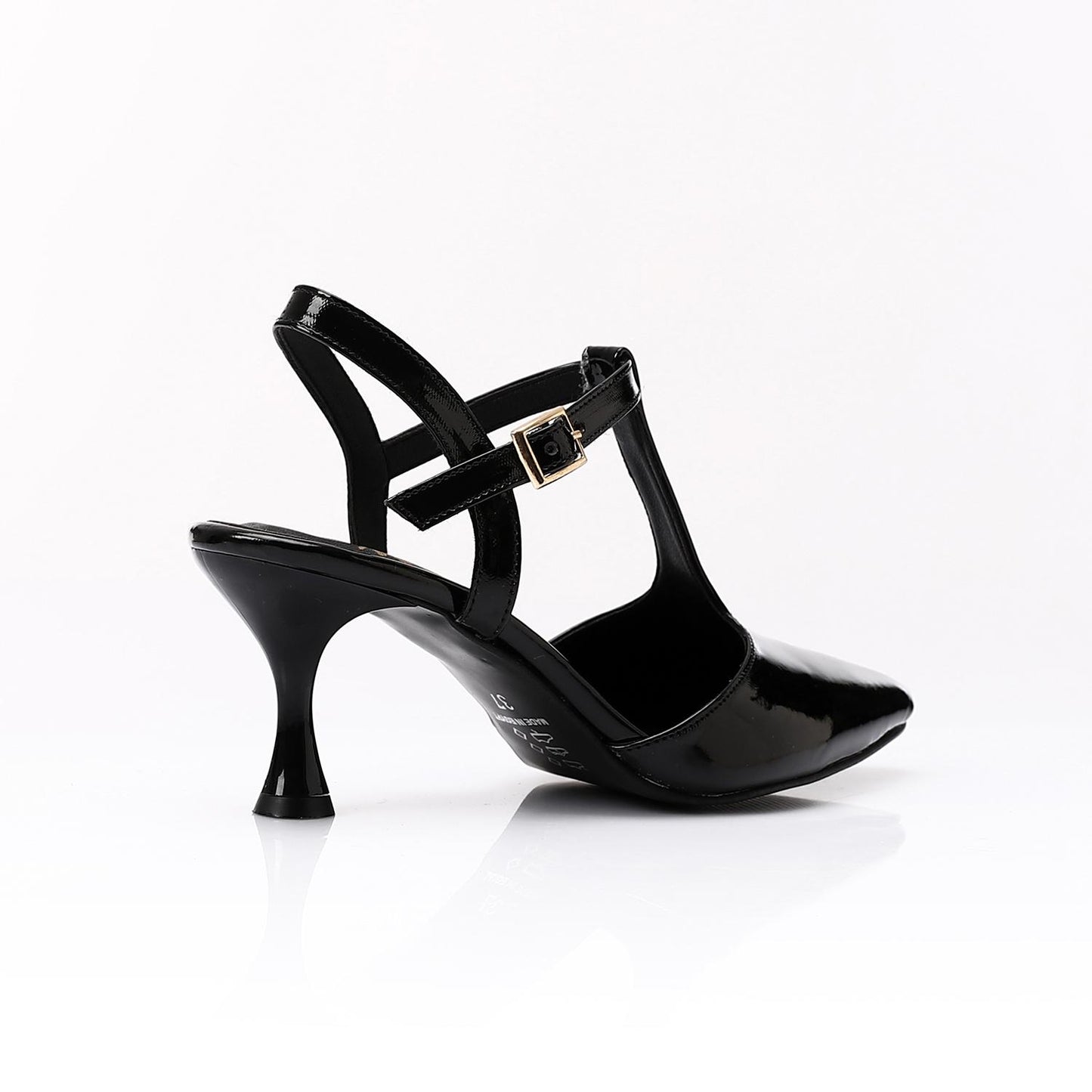 Faux Leather T-Strap Heeled Shoe – Black