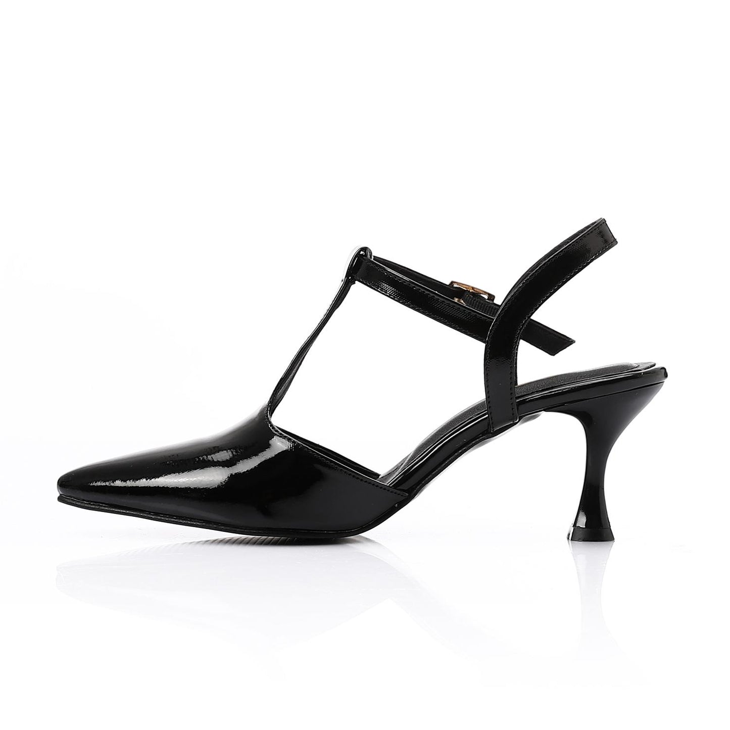 Faux Leather T-Strap Heeled Shoe – Black