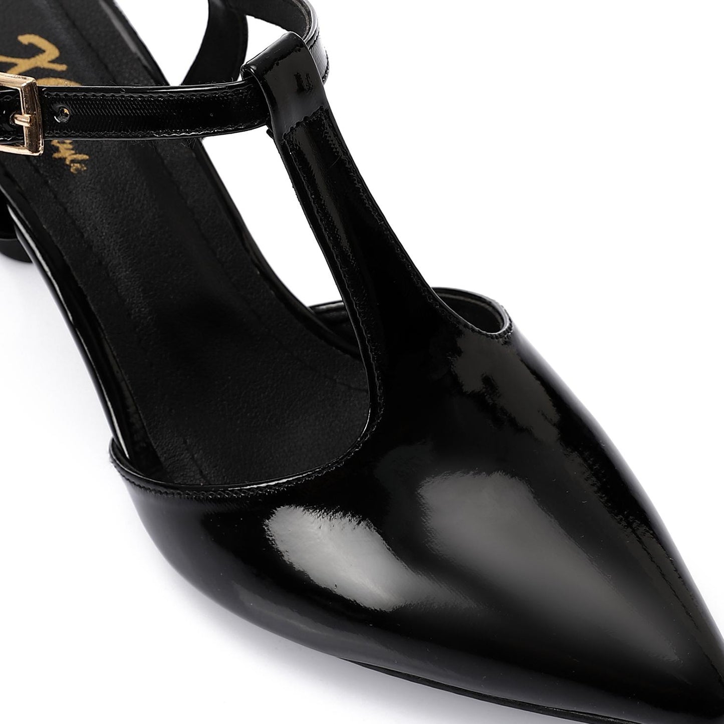 Faux Leather T-Strap Heeled Shoe – Black