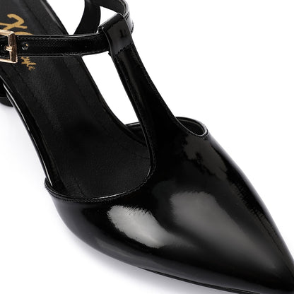 Faux Leather T-Strap Heeled Shoe – Black