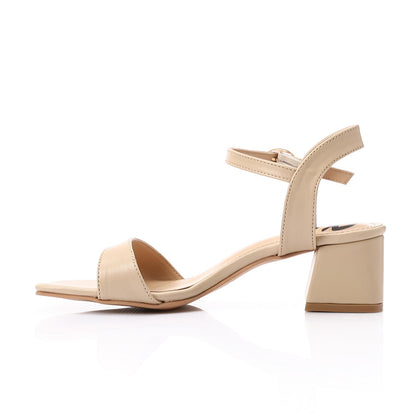 Faux Leather Block Heel Sandals - Beige