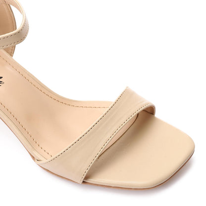 Faux Leather Block Heel Sandals - Beige