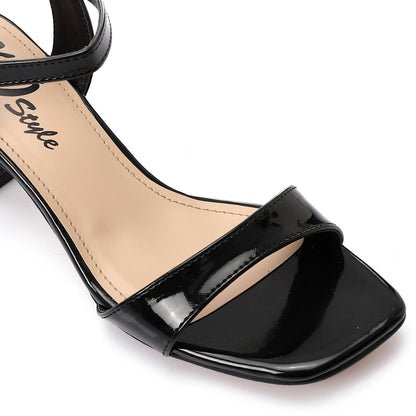 Faux Leather Block Heel Sandals - Black
