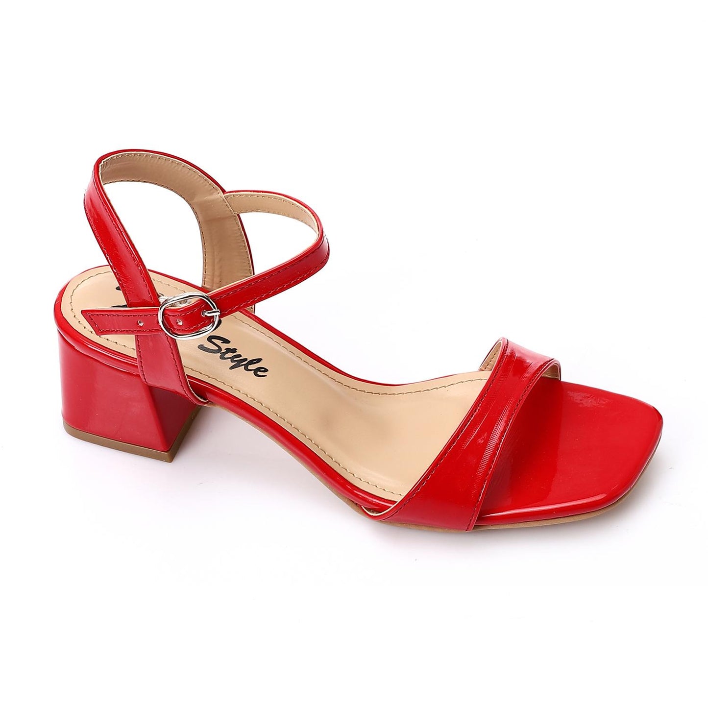Faux Leather Block Heel Sandals - Red