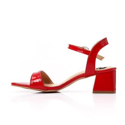 Faux Leather Block Heel Sandals - Red