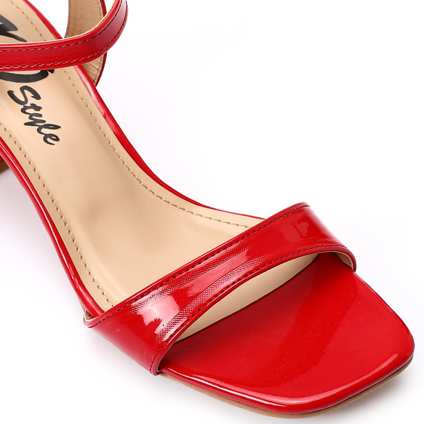 Faux Leather Block Heel Sandals - Red
