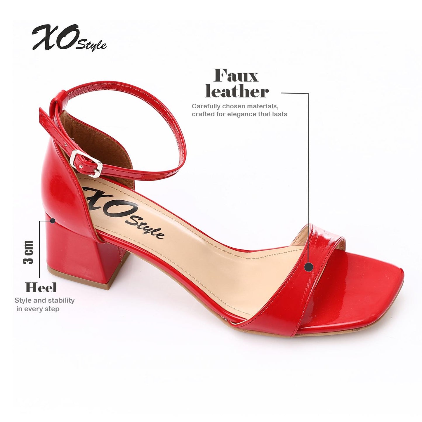 Faux Leather Solid Block Heel Sandals – Red