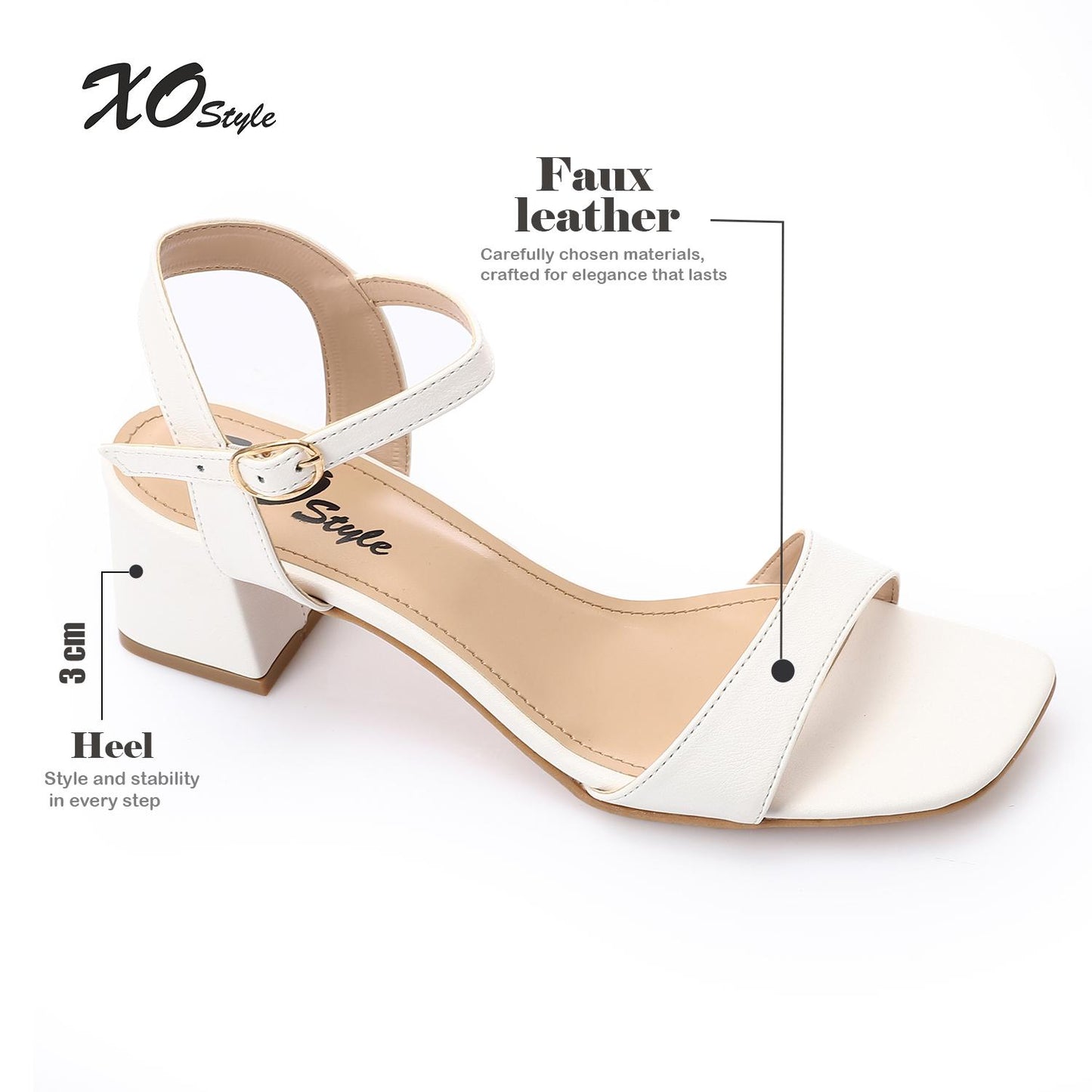 Faux Leather Block Heel Sandals - White