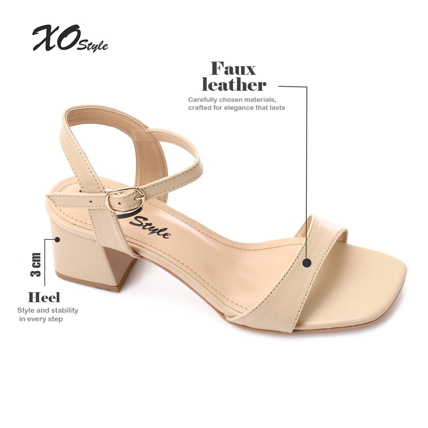 Faux Leather Block Heel Sandals - Beige