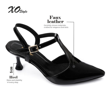 Faux Leather T-Strap Heeled Shoe – Black
