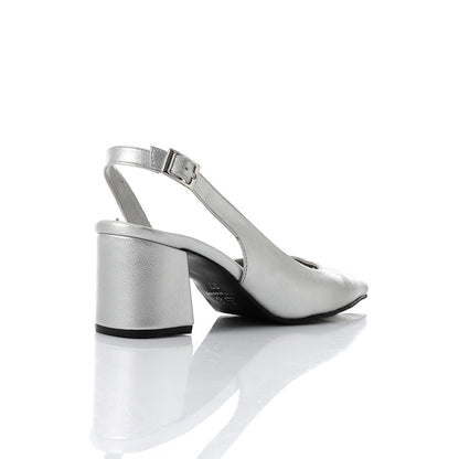 Faux Leather Solid Block Heel Slingback Pumps - Silver