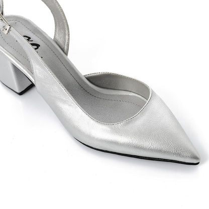 Faux Leather Solid Block Heel Slingback Pumps - Silver