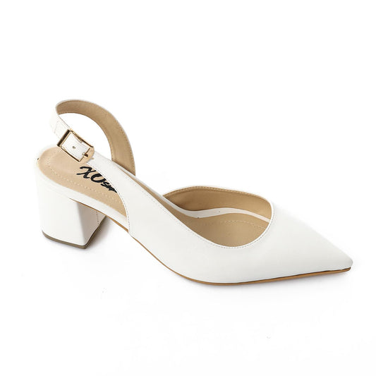 Faux Leather Solid Block Heel Slingback Pumps - White