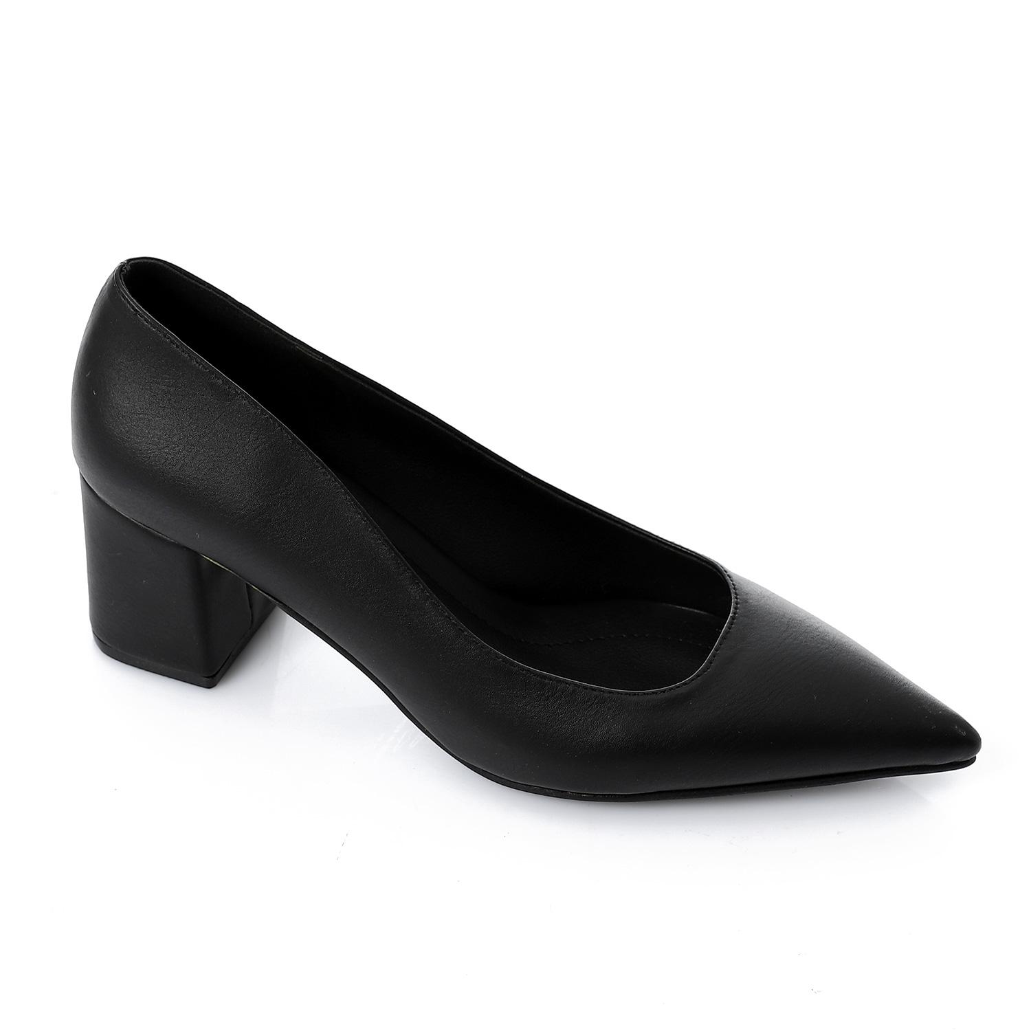 Faux Leather Solid Block Heel Pumps – Black
