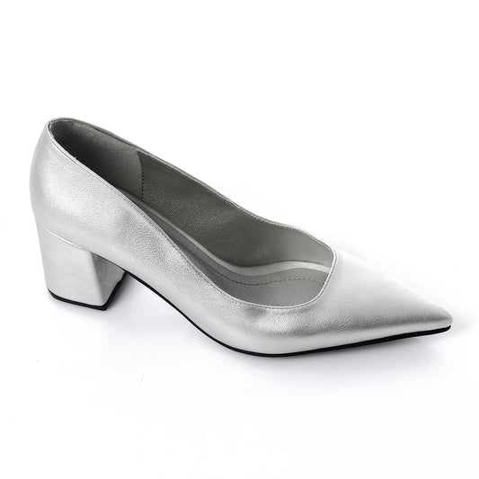 Faux Leather Solid Block Heel Pumps – Silver