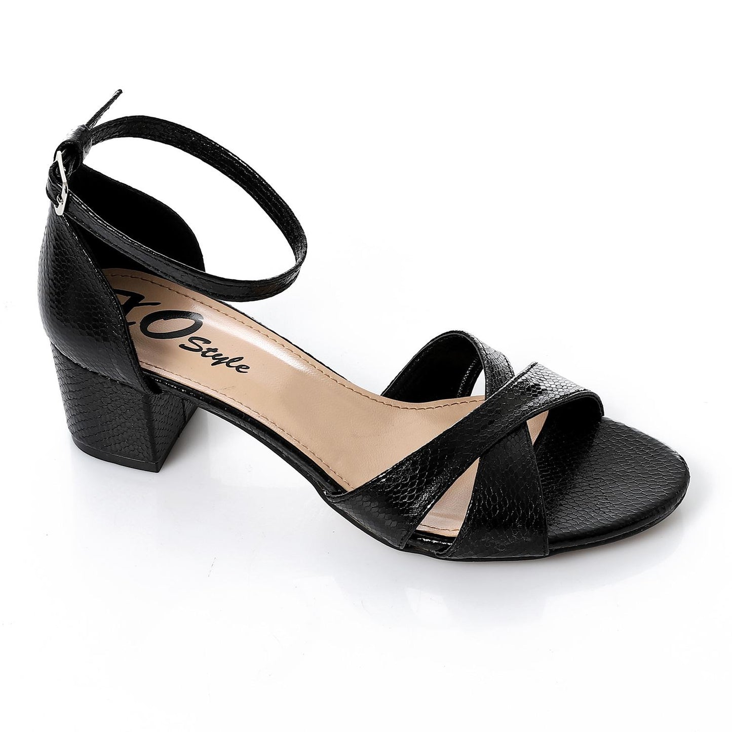 Faux Leather Textured Block Heel Sandals – Black