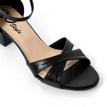 Faux Leather Textured Block Heel Sandals – Black